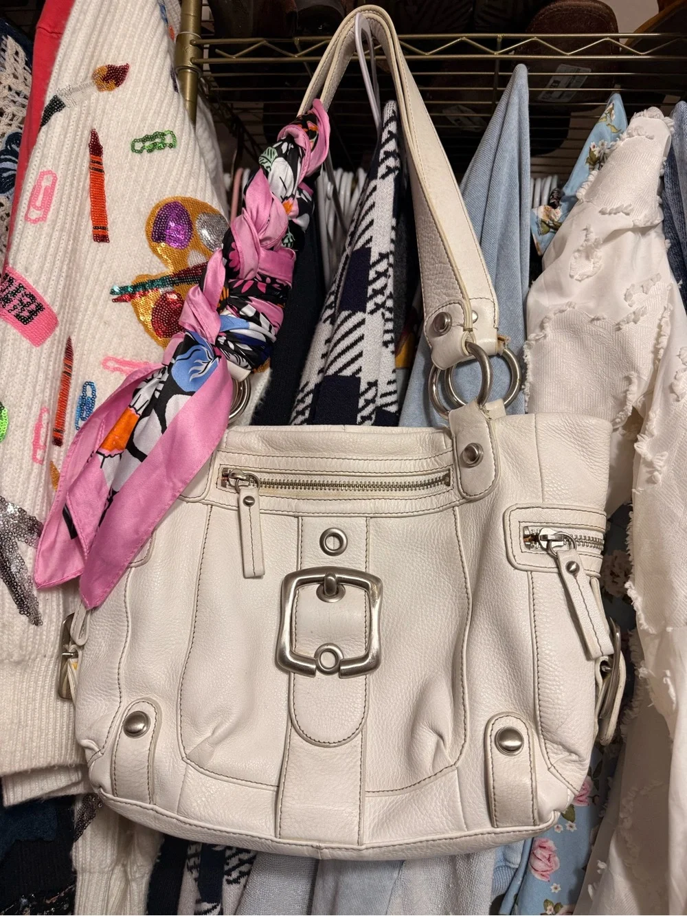 b. makowsky White Leather Shoulder Bag with Silver Hardware